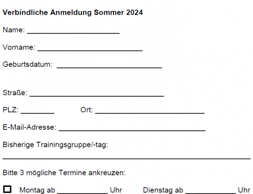 Infoschreiben und Anmeldeformular Sommertraining 2024